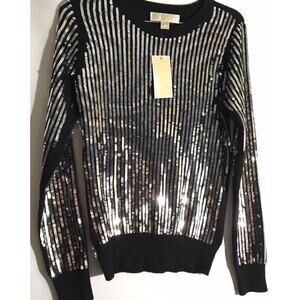 NWT Michael Kors MK Black Knit Silver Sequin Front Sweater Women's Size Small